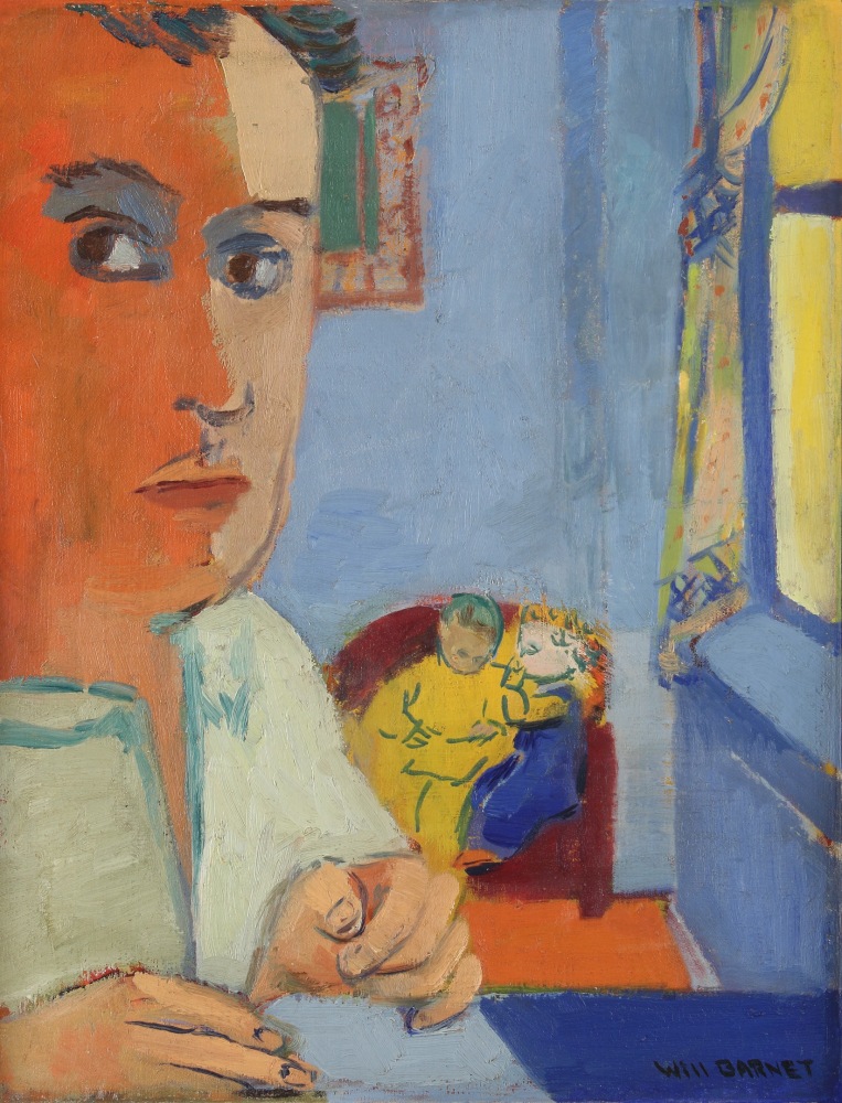 Painting with one figure in the foreground and two figures seated in a chair in the background