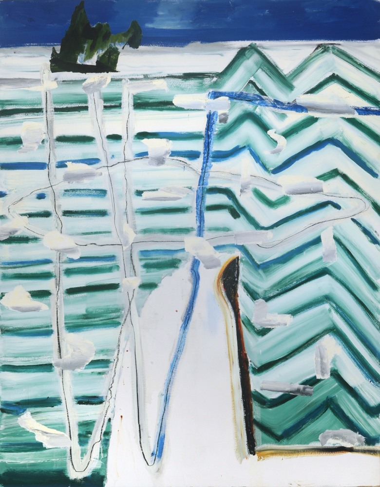 Abstract painting consisting of bands of white, blue, and green paint and white forms and lines intersection over the surface
