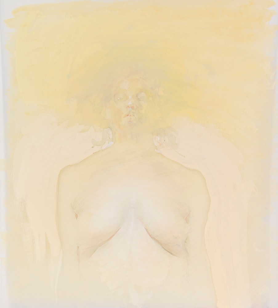 Painting of a nude figure whose skin fades into an atmospheric yellow background
