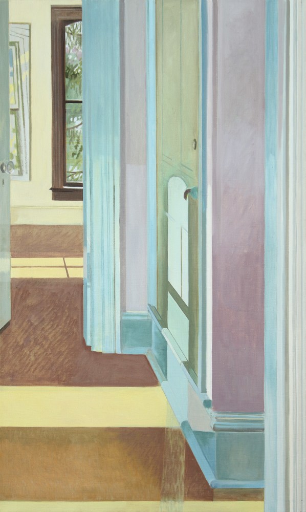 Painting of an interior hallway, with an open door looking into another room