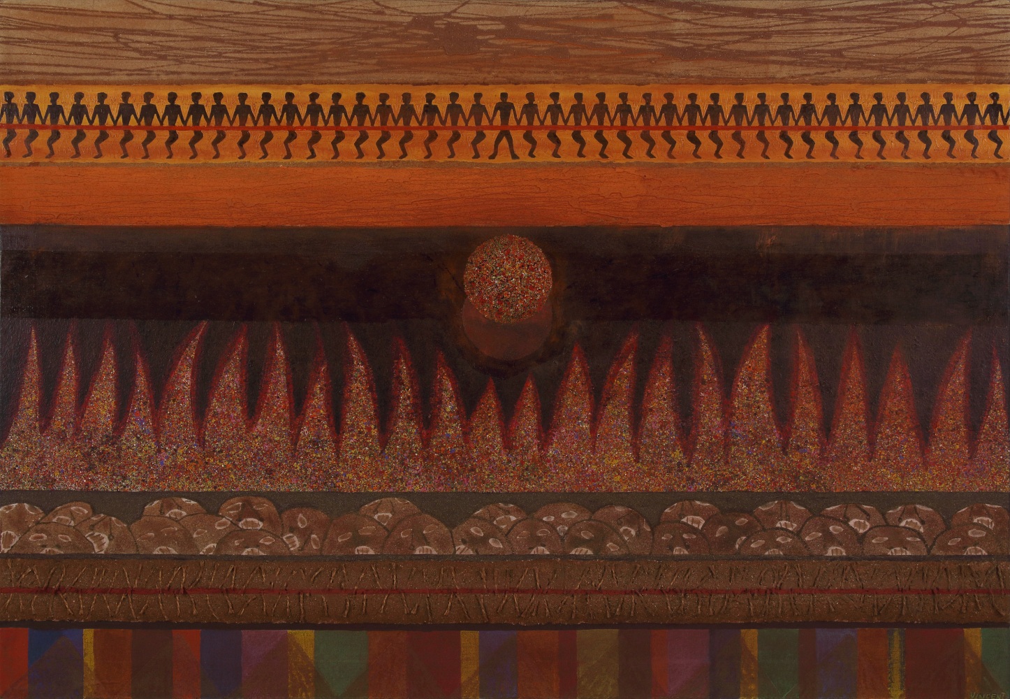 Painting of a row of abstracted heads, a row of figures, and a row of flames in an abstracted desert landscape