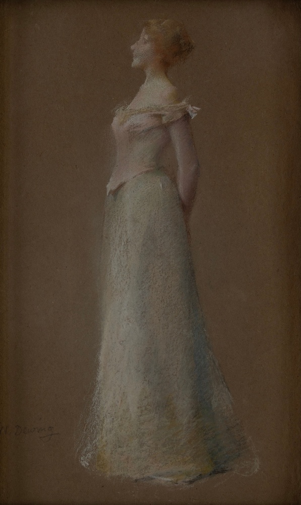 Thomas Wilmer Dewing, Harmony in Rose and Gray, c. 1894 -95, pastel on light brown paper, 10 x 6 inches