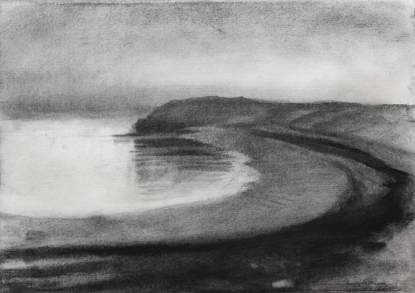 Charcoal landscape drawing of a curving shoreline meeting the sea