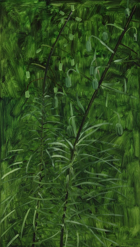 Painting of two stems of leafy, budding plants against dark green grass