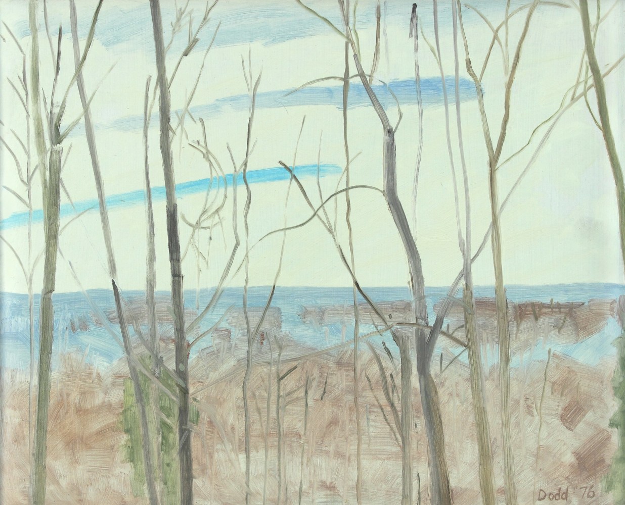 Painting of bare trees in a winter landscape