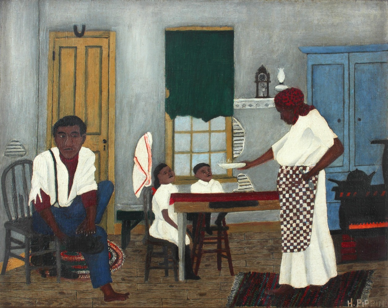 Painting of a kitchen scene, with a woman setting a plate before two children at a table, and a man lacing his shoes in a chair to the left