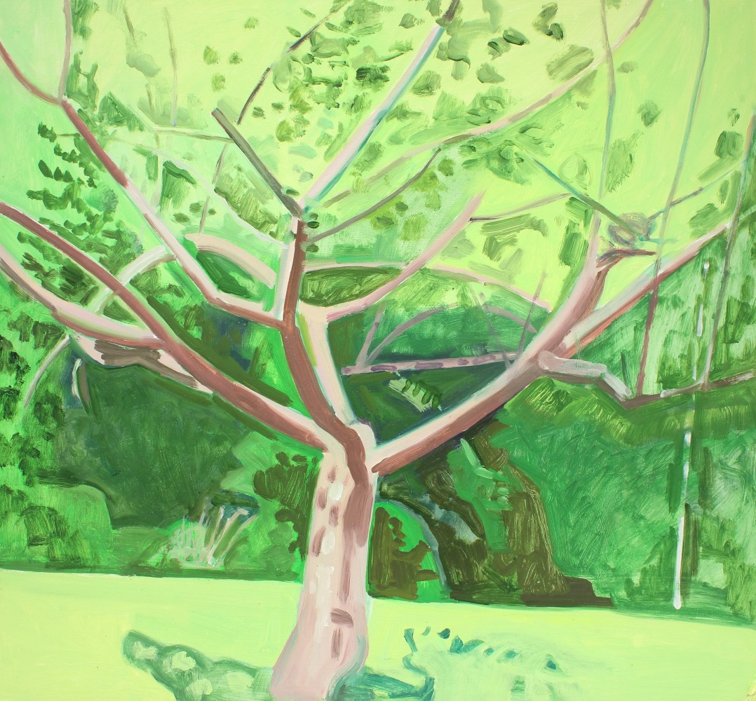 Painting of a bare pink tree against a green landscape