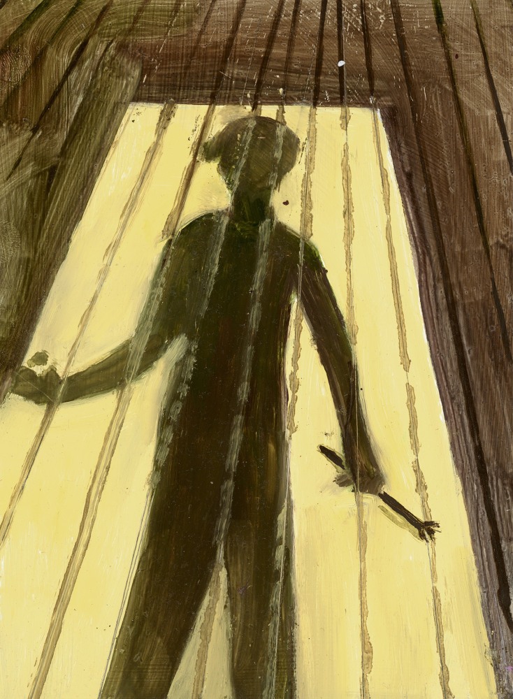 Painting of the cast shadow of a figure holding a paintbrush against a wooden floor