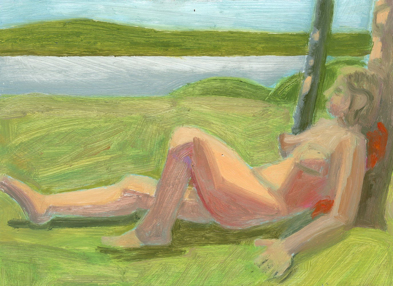 Painting of a nude figure in a grassy landscape with a mountain in the background, reclining against a tree