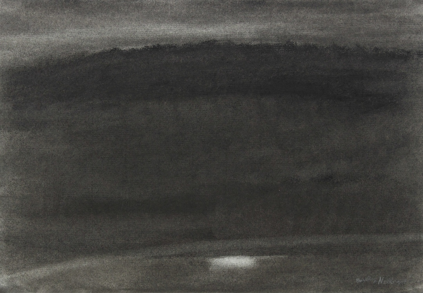 Charcoal landscape drawing of the sky and ocean at dawn or dusk, with dim sunlight coming through soft clouds and reflected off the water