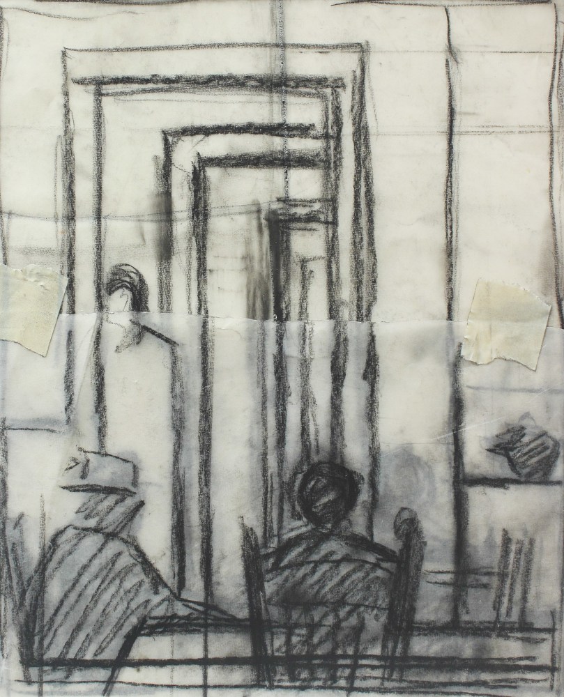 Graphite drawing of two figures in an interior space
