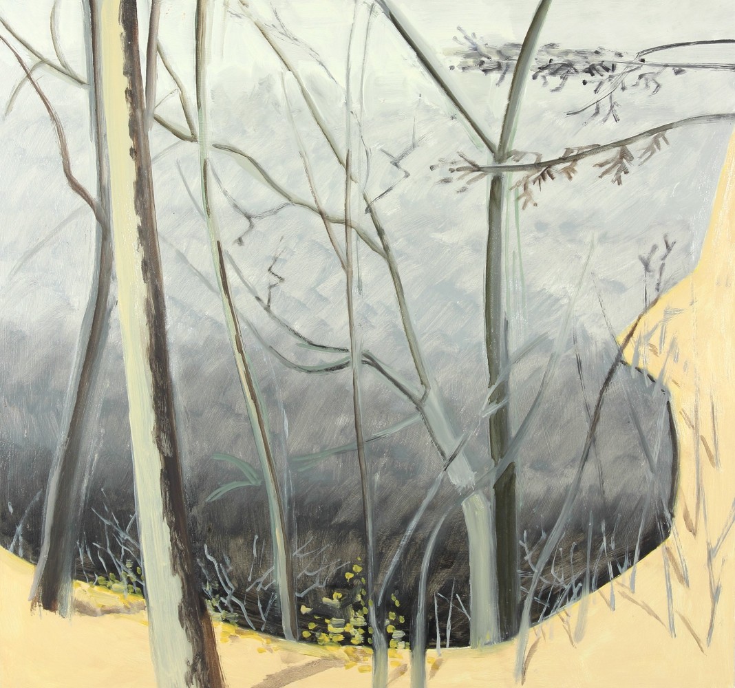 Landscape painting of a grey pond surrounded by trees