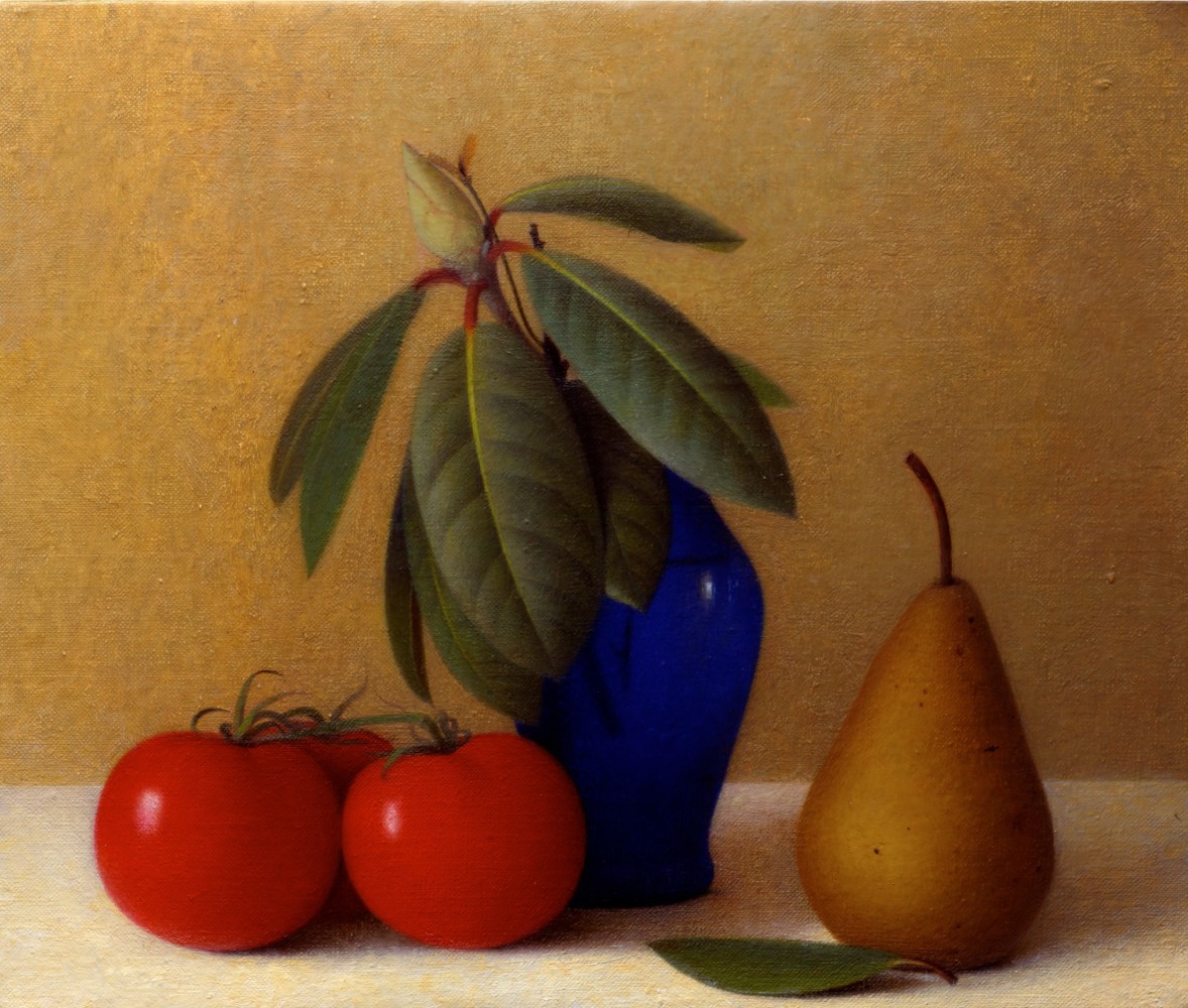 Still life painting of a leafy green plant in a blue vase, with three tomatoes on the table to the left and a pear and leaf on the table to the right