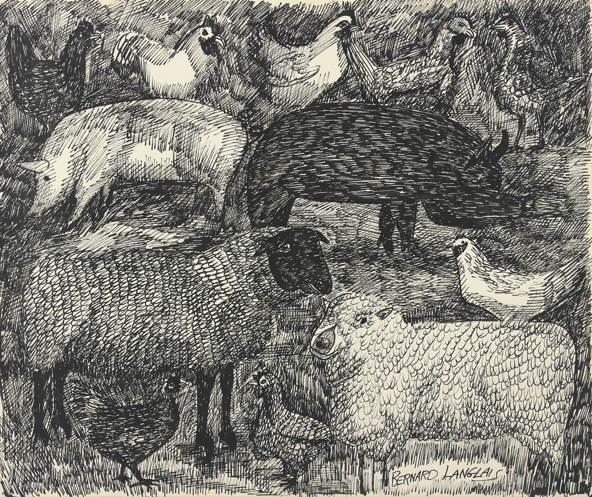 Sheep, Pigs, and Chickens,&amp;nbsp;ca. 1970s, pen and ink on paper, 14 x 16 3/4 inches&amp;nbsp;