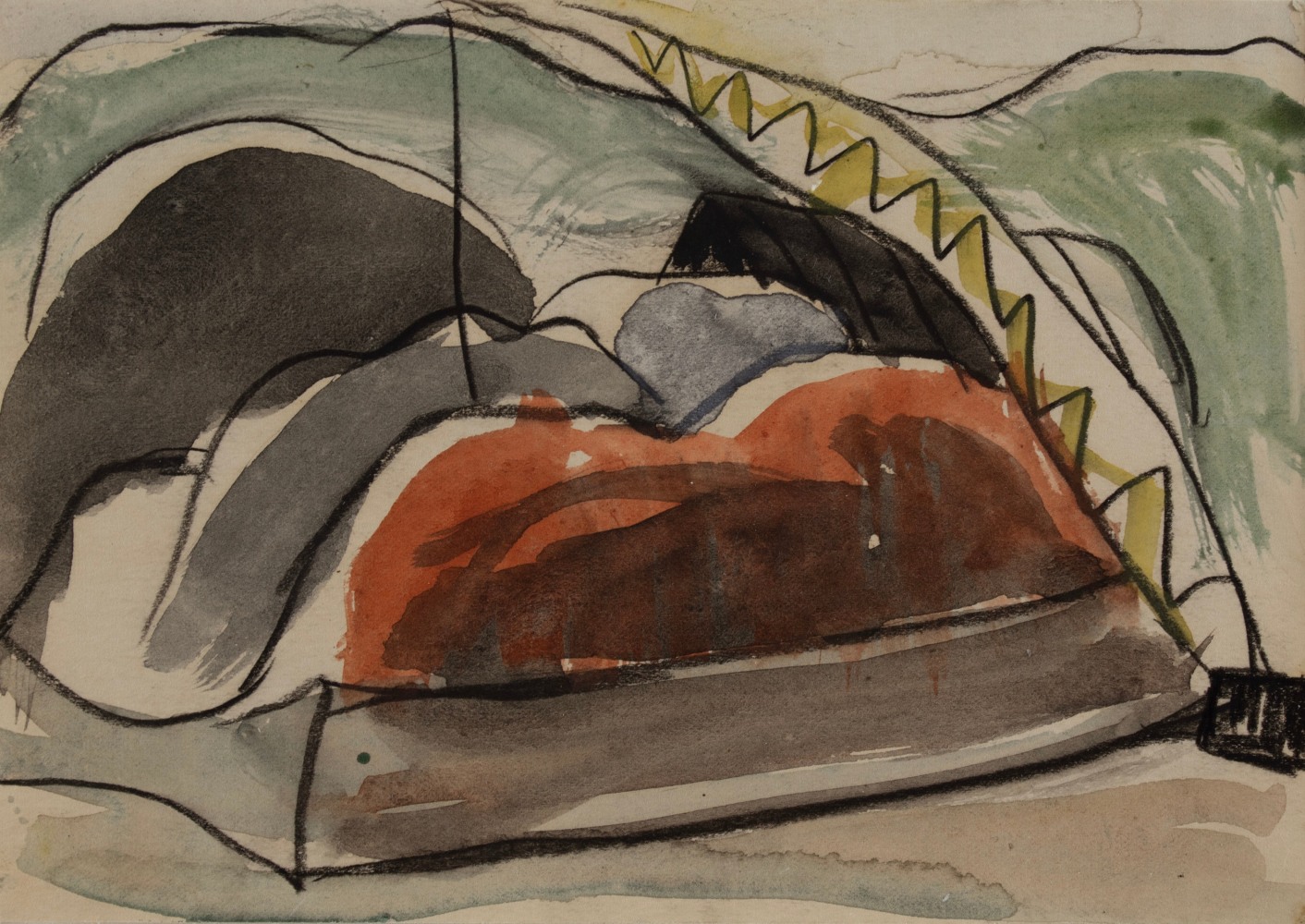Study for Cinder Barge and Derrick, 1931, charcoal, graphite and watercolor on paper, 5 x 7 inches. Private Collection.
