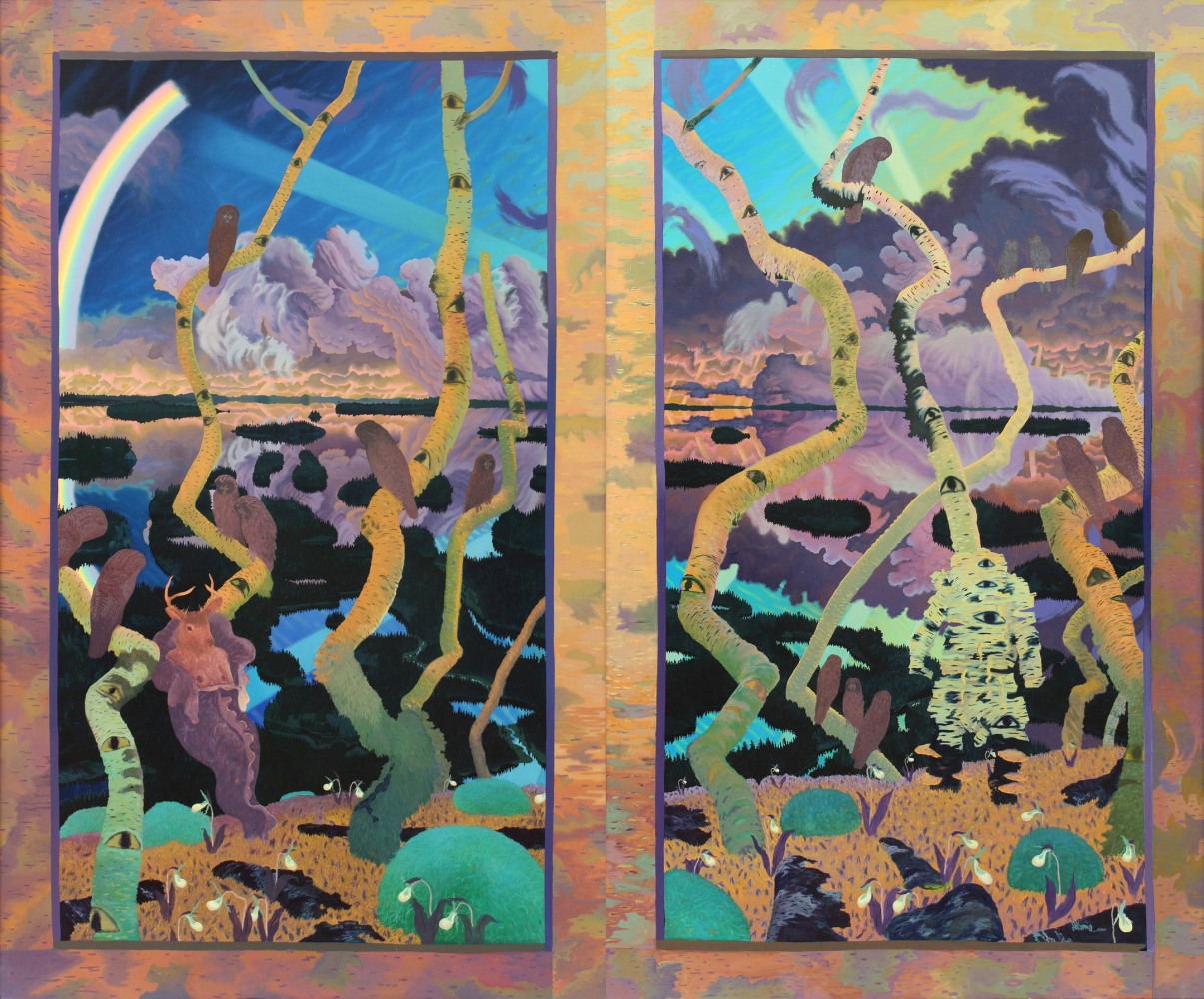 Surreal diptych with mythical creatures in a psychedelic landscape with tree trunks covered in eyes throughout