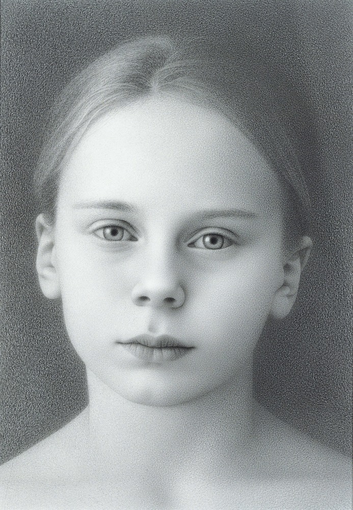 Graphite portrait of a young girl from the shoulders up