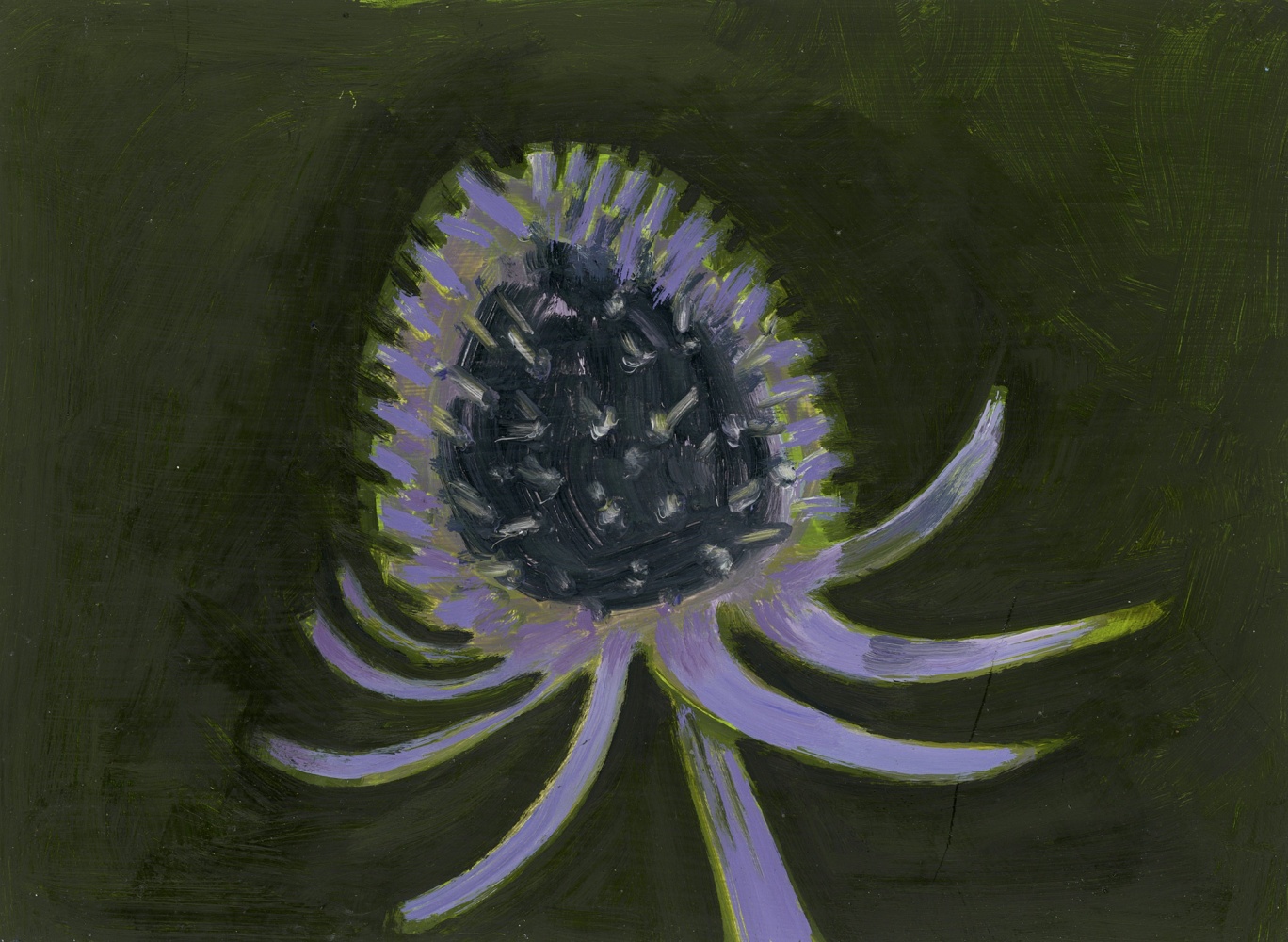 Painting of a plant with a dark blue, spiky head on a dark green ground