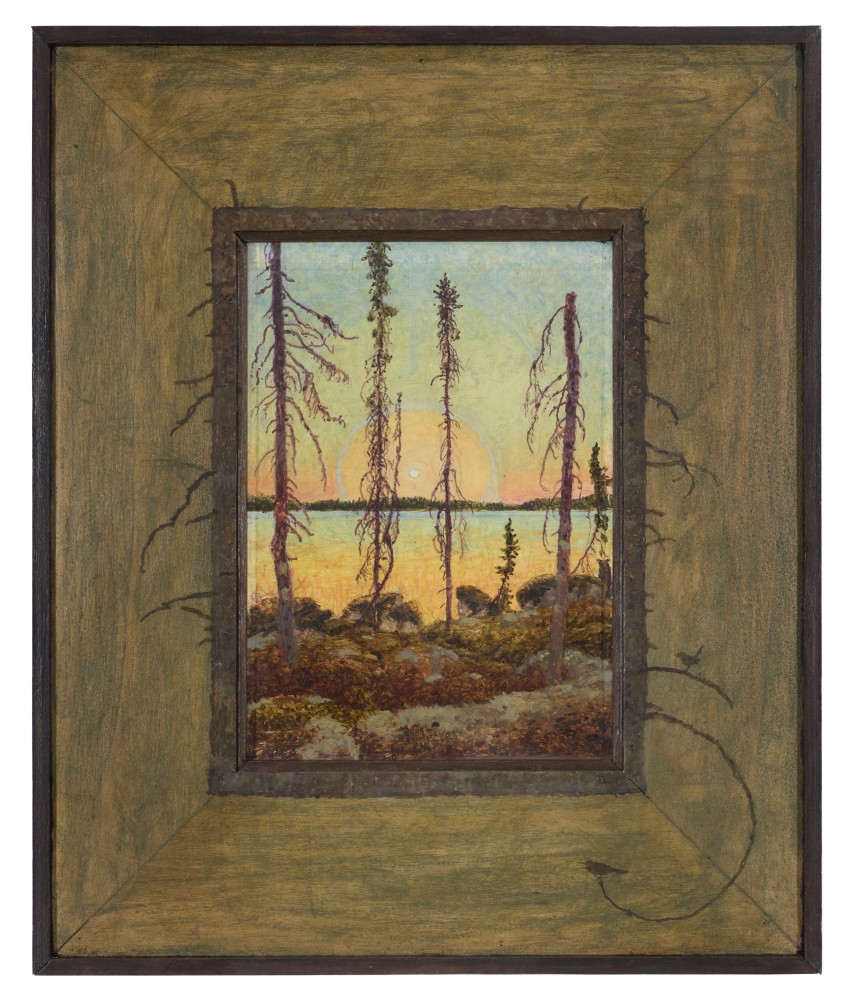 Ozaawaa&amp;ndash;Zhooniyaanzo, 2025, oil on Claybord, 12 1/4 x 10 1/4 inches, including artist&amp;#39;s hand painted frame