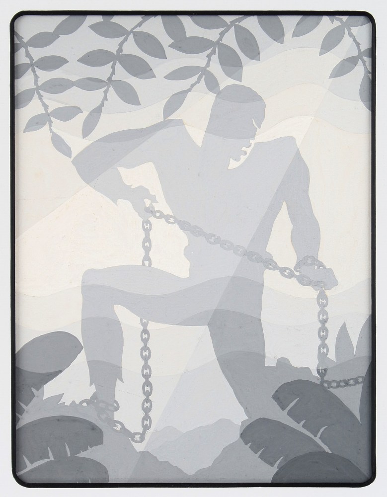 Painting of a figure in silhouette pulling on a chain