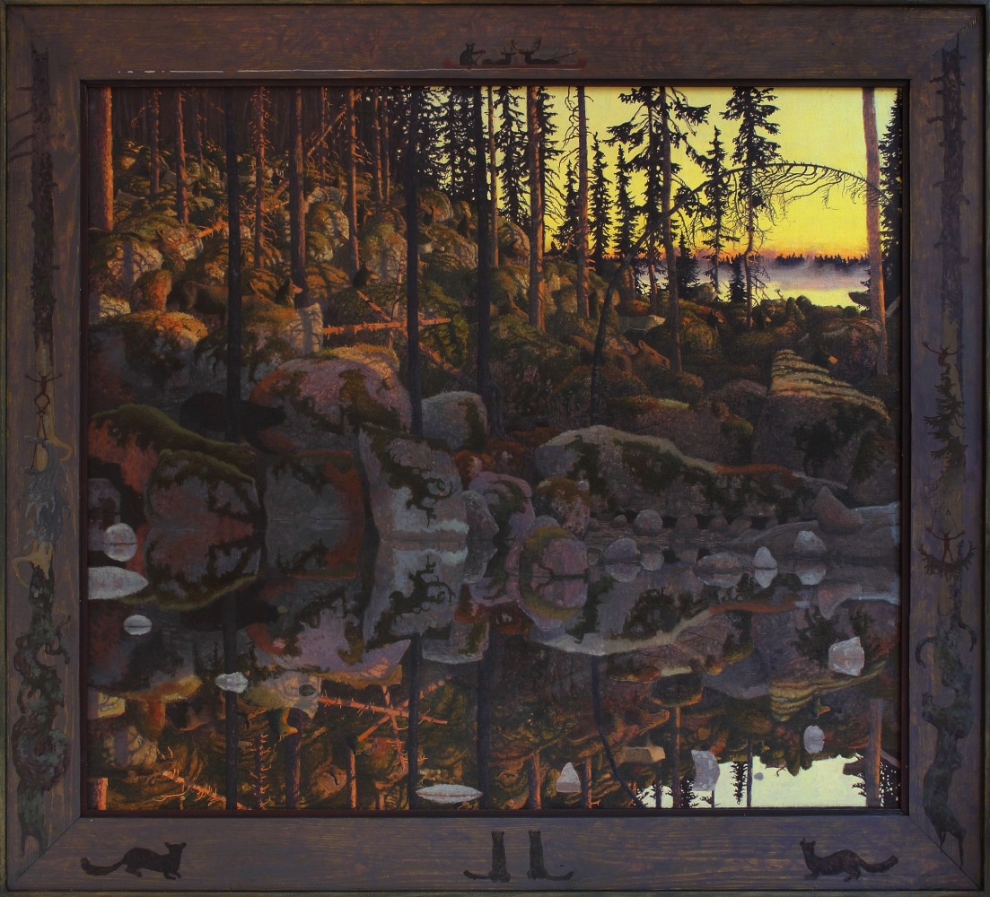 Painting of a rocky forest landscape at dawn