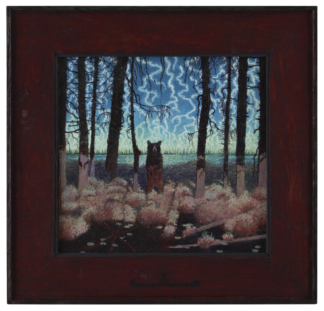 Painting of a brown bear standing on its hind legs in a lightning storm, surrounded by brush and dark trees