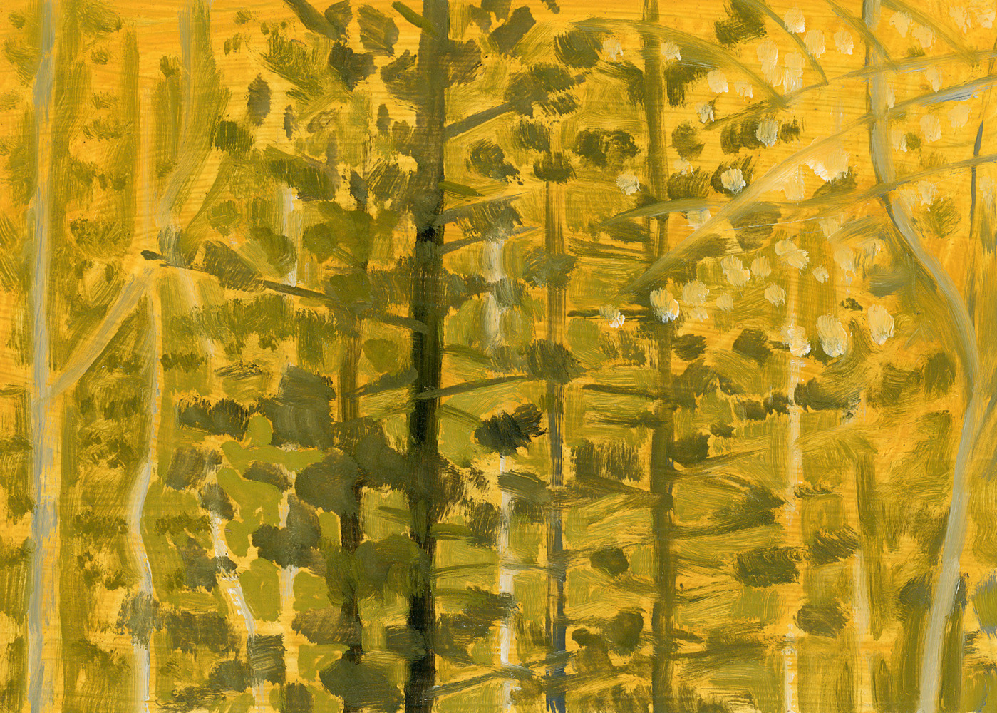 Painting of a group of trees in shades of gold, yellow, and green