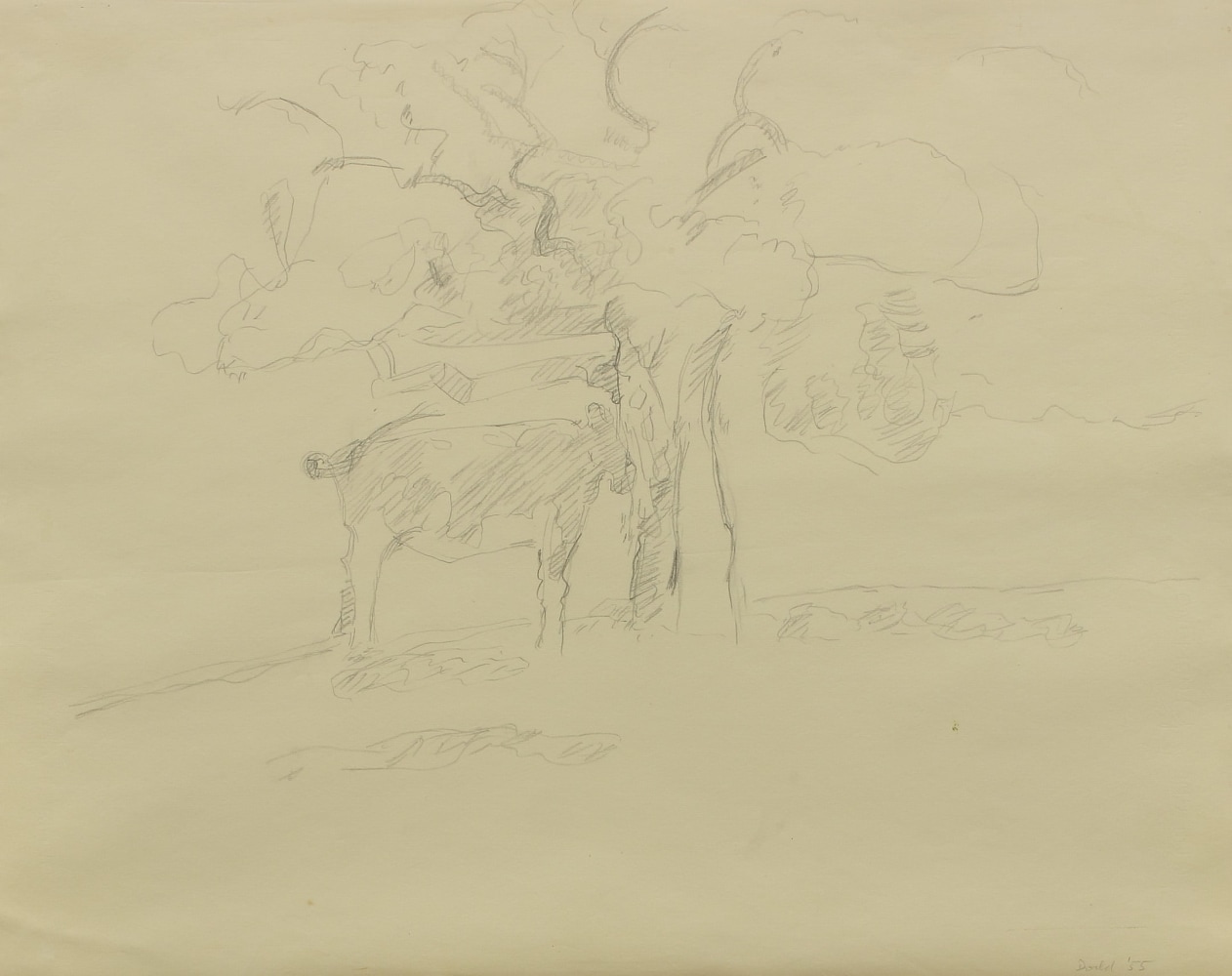 Graphite drawing of a cow under a tree in a landscape