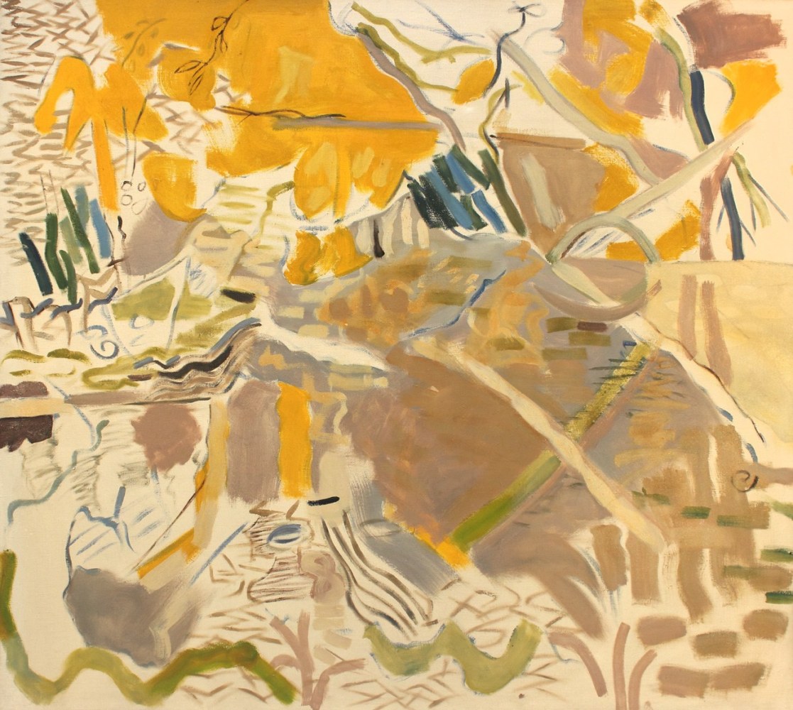 Painting of organic forms in an abstracted landscape