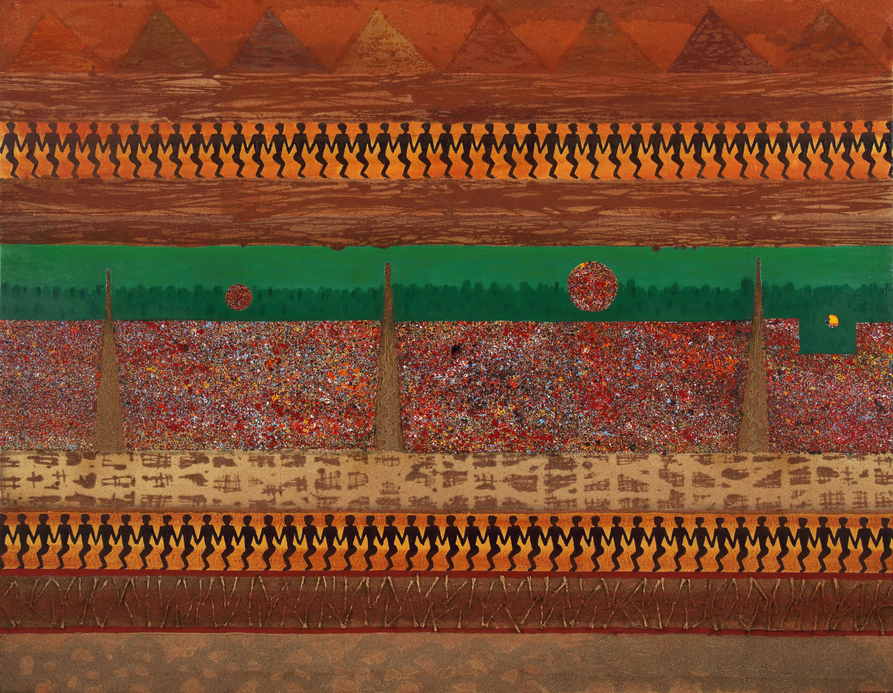 Painting with two rows of figures in an abstracted, desert landscape