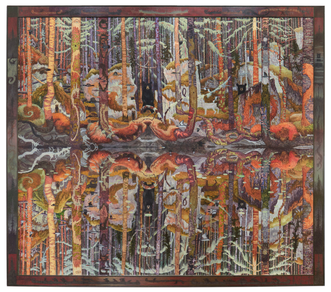 Ojichaagebiishin, 2024, oil on linen, 91 x 103 inches, including artist&amp;#39;s hand painted frame
