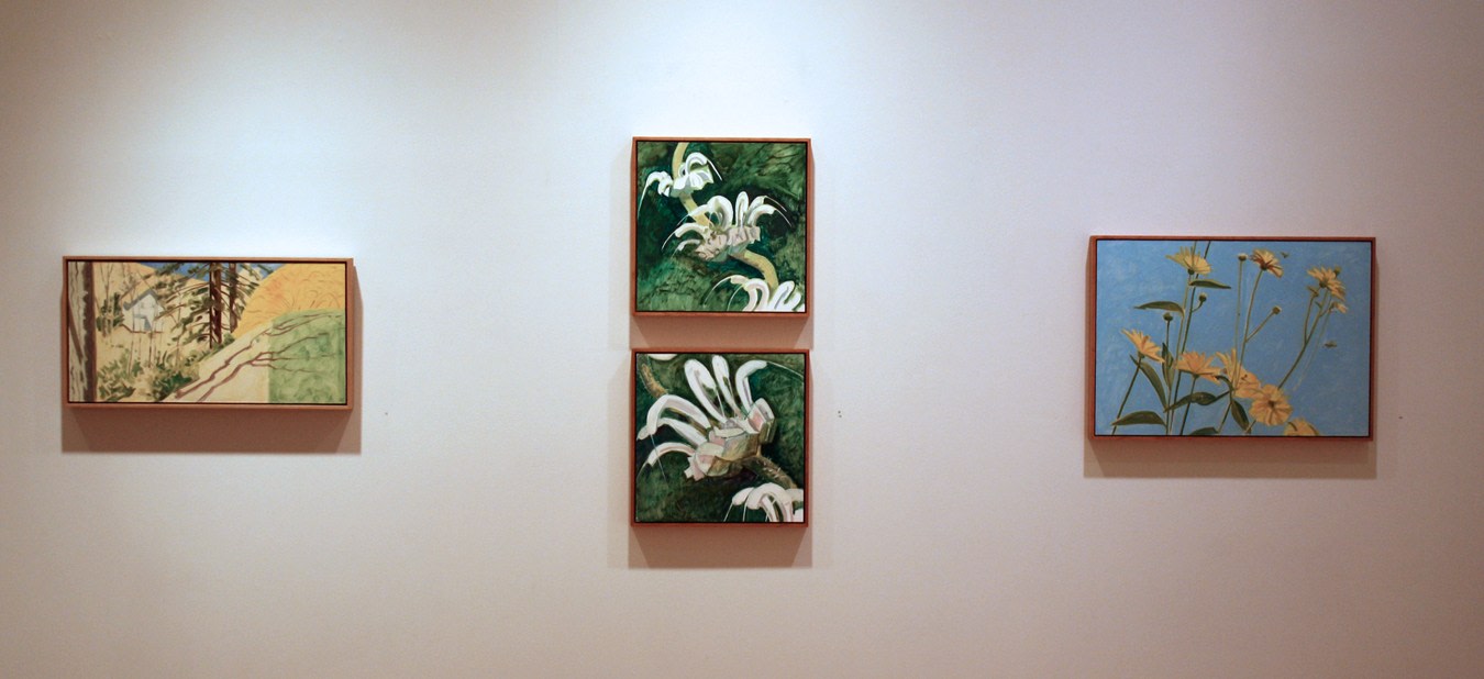 Photograph showing a view of an exhibition, with four small framed paintings hanging on a white wall