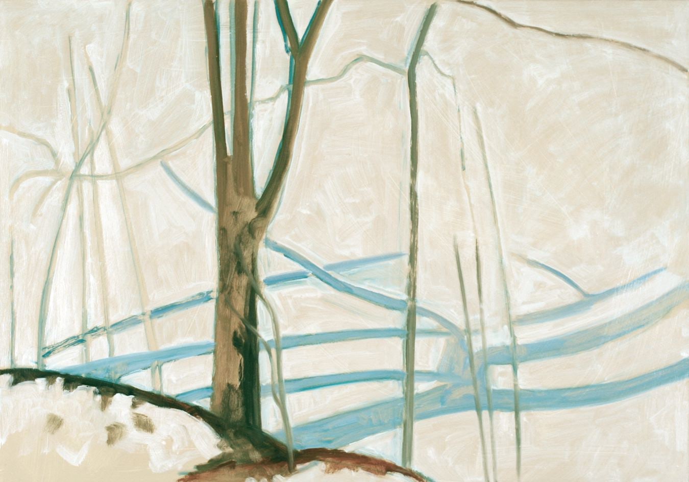 Painting of a winter landscape with a brown tree in the foreground, casting a blue shadow on the surrounding snow