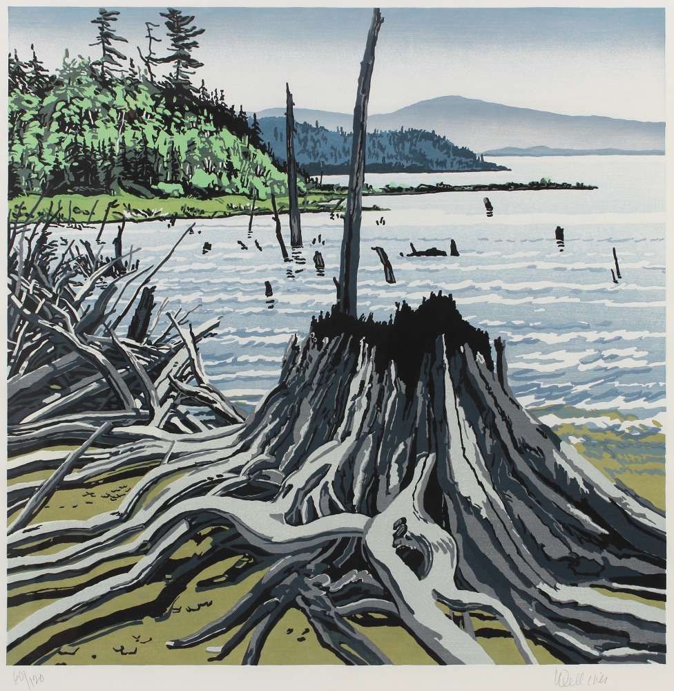 Landscape woodcut of a stump and piles of grey driftwood on a shore, with trees and mountains in the distance