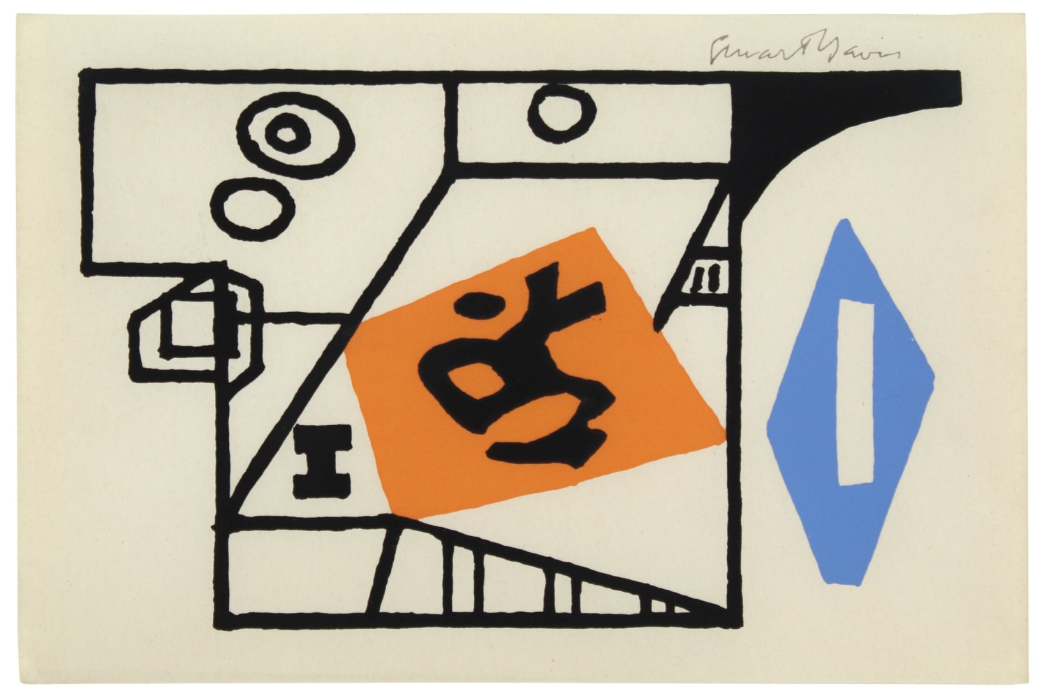 Geometric abstract drawing with black rectilinear lines, an orange rectangle, and a blue diamond