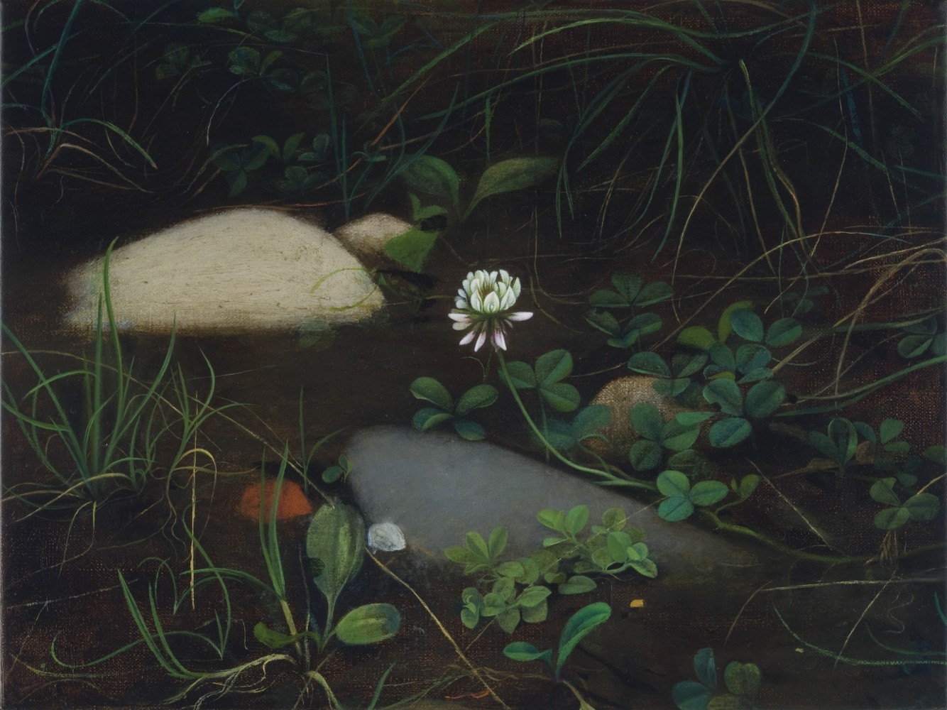 Painting of a patch of dark soil, with stones, grasses, weeds, and a single white flower near the center
