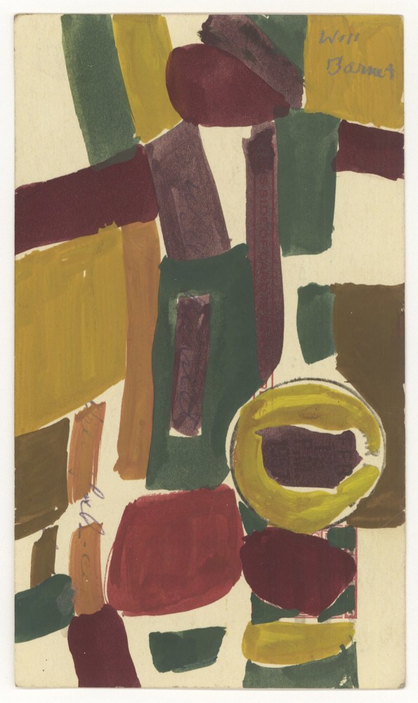 Abstract painting on paper consisting of geometric forms in green, maroon, purple, and orange over an ivory ground