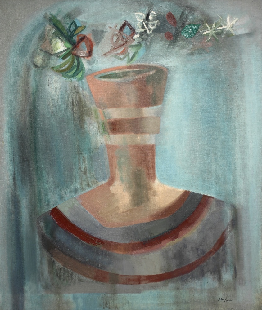 Painting of a humanoid figure with an abstracted, vessel-like head with organic, plant-like forms floating overhead