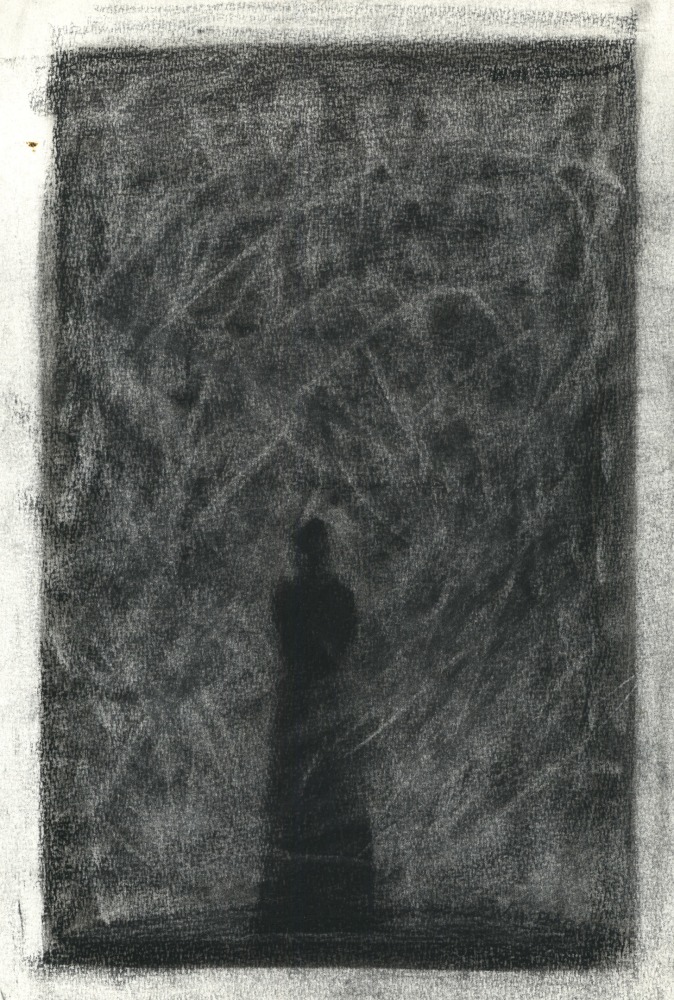 Charcoal drawing of the silhouette of a woman in atmospheric darkness