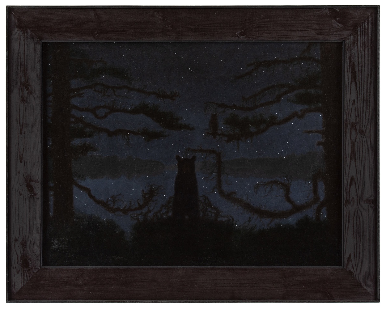 Painting of a lone bear standing on its hind legs at night in the forest, with a starry sky in the background