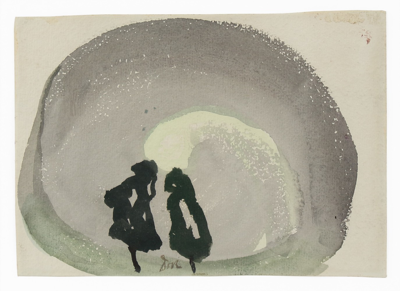 Painting with abstract, organic forms in grey and green