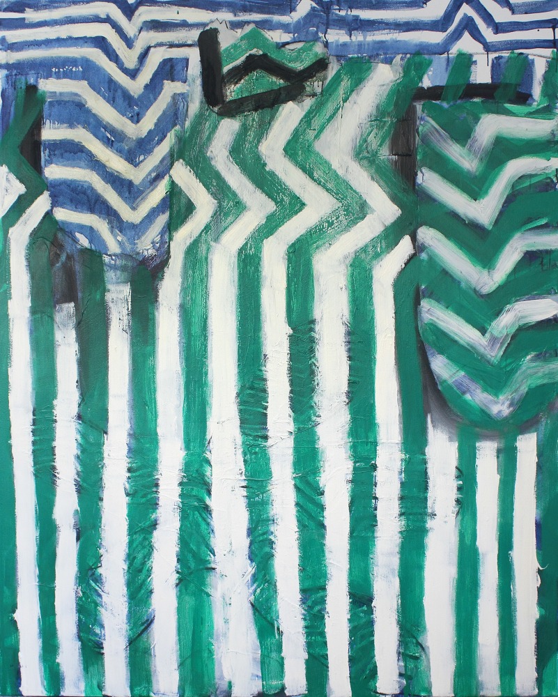 Abstract painting consisting of lines and forms in green, blue, white and black
