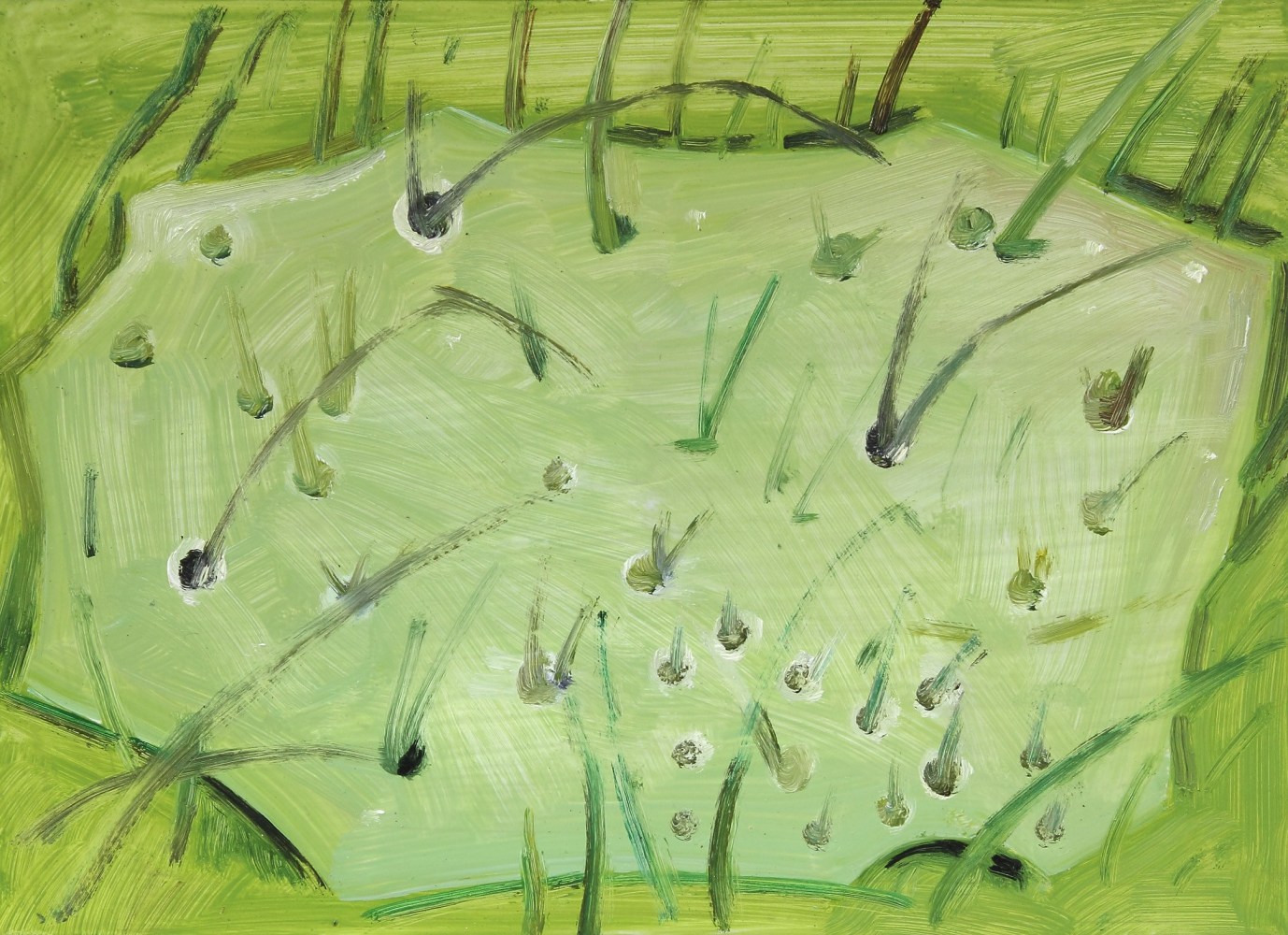 Painting of stalks of grass poking out from a spiderweb on the ground