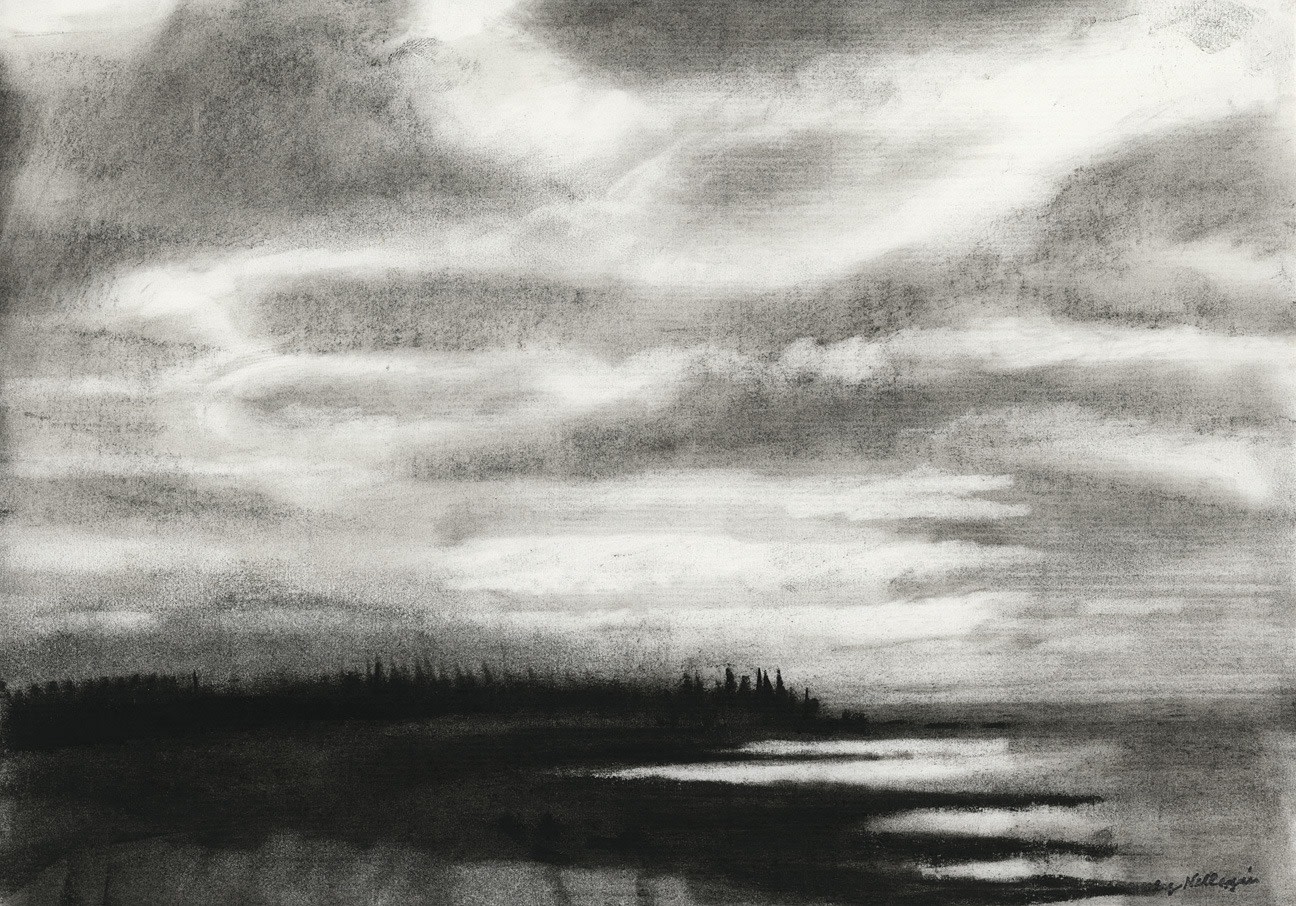 Charcoal landscape drawing of the sky, ocean, and shoreline at dawn or dusk, with faint sunlight coming through the clouds and reflecting on the water