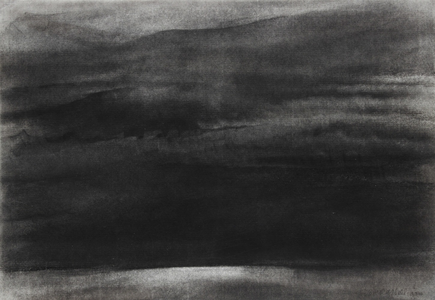 Charcoal landscape drawing of a dark, cloudy sky over the sea