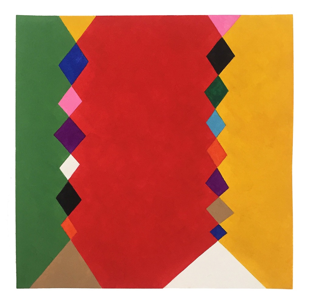 Geometric abstract painting with interlocking shapes of green, red, yellow, brown, white, blue, pink, orange, and purple