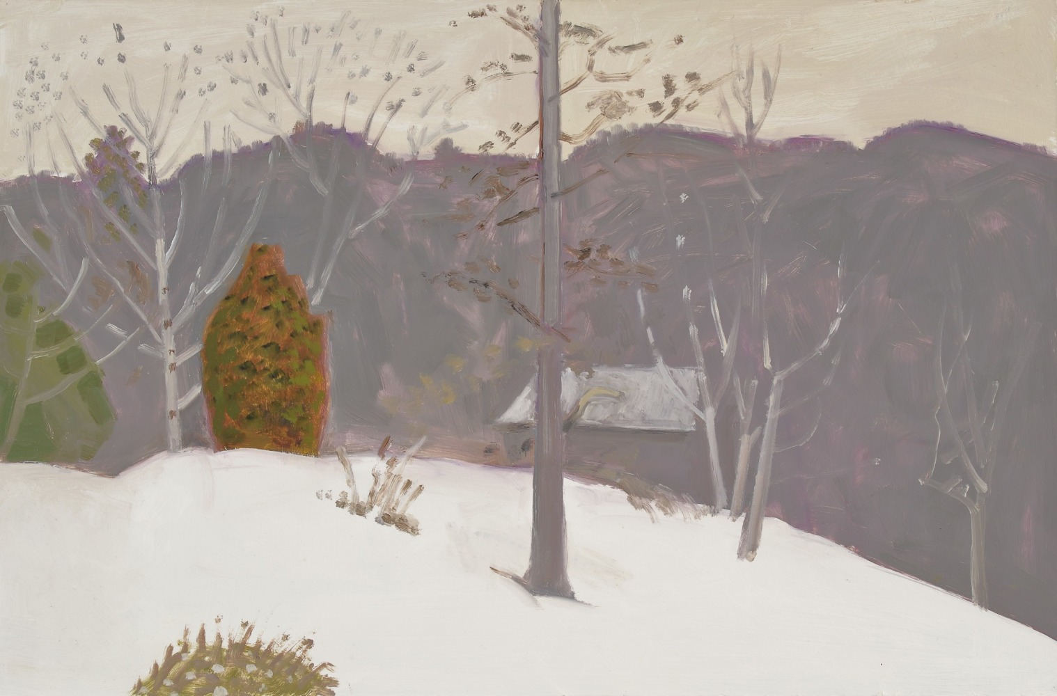 Arbor Vitae + Bill&amp;#39;s House in Jan., 2021, oil on Masonite, 11 7/8 x 18 inches