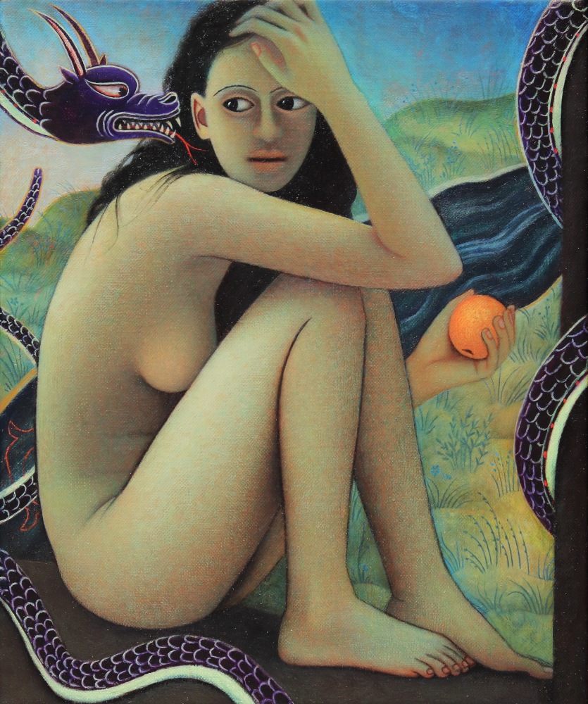 Painting of a nude figure sitting on the ground, holding a peach and looking over their shoulder at a snake-like creature with a dragon's head, and a river and grass in the background
