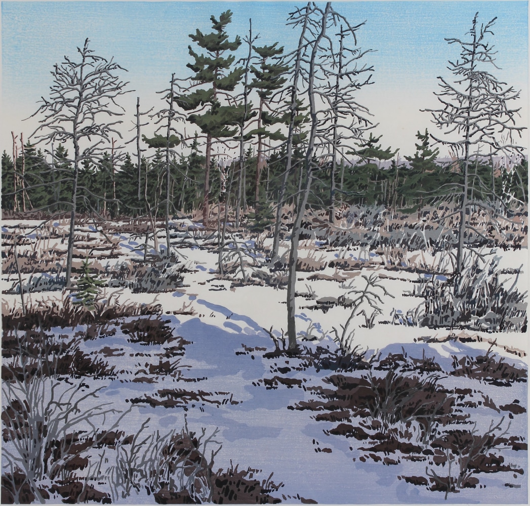 Landscape painting of a snow-covered marsh with a forest in the background