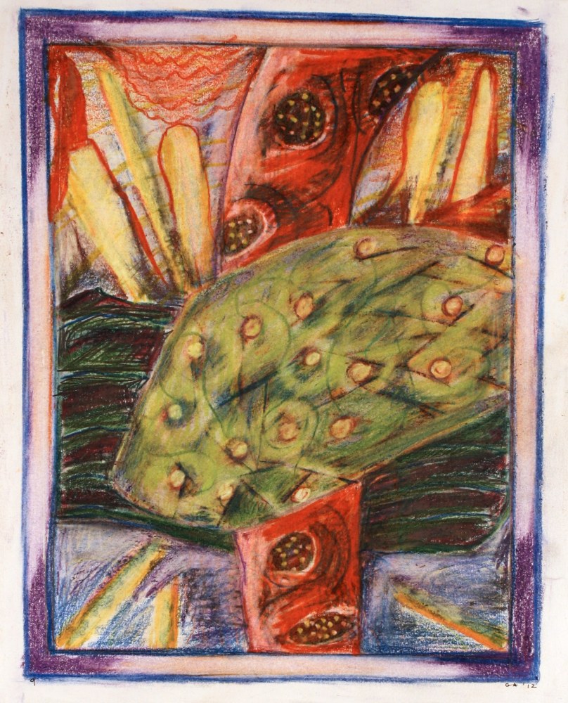 Abstract drawing consisting of an arrangement of green, red, yellow and purple forms